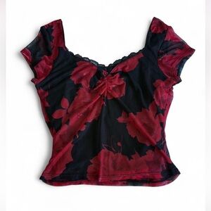 Vibe Red and Black Floral Mesh Top